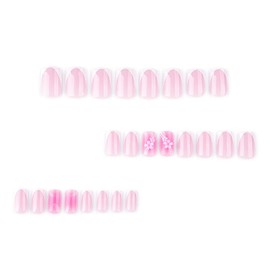 Flower Press on Nails Short Square Shaped Fake Nails with 3D Flower Designs Summer White French Tip False Nails Glossy Pink Acrylic Nails Full Cover Stick on Nails for Women DIY Manicuare 24 Pcs