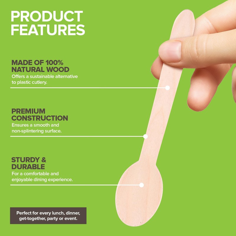 100% Wooden Disposable Spoons, (100 Count) Planet Friendly Utensils, Compostable