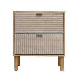 Sango Merk 2-Drawer Nightstand, Modern Natural Wood Bedside Table with Cylindrical Wood Legs, Vertical & Horizontal Groove Patterns, Discreet Metal Finger Pulls, Smart Storage for Living Room