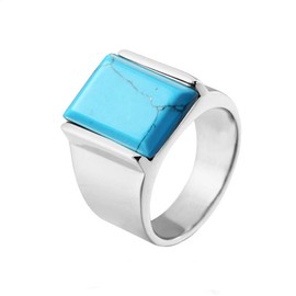 PAURO Men's Stainless Steel Square Gem Stone Turquoise Ring with Polished Silver Side Green Size P