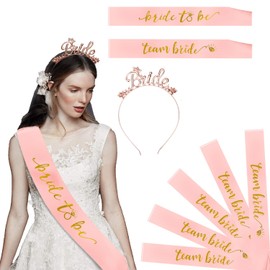 Konsait JGA Accessories Decoration for Stag Night Women Party, JGA Sash Set, Rose Gold Bridal Sash + 6 Team Bride Sash + Bride Crown Headband for Bride to be, Wedding
