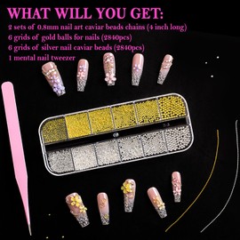 Haozher 5680pcs caviar beads for nails, nail caviar beads, nail jewelry nail beads for nail art, 12 grad silver and gold beads for nails, nail studs metal nail charms with nail tweezer