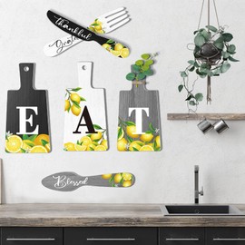 Qunclay 6 Pcs Lemon Cutting Board Eat Sign Set Fall Hanging Art Kitchen Eat Sign Lemon Knife Fork and Spoon Wall Decor Rustic Primitive Farmhouse Kitchen Christmas Decor(Black, White, Gray)
