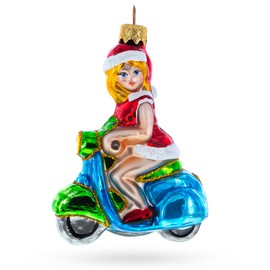 Girl Riding Scooter Mini Glass Christmas Ornament
