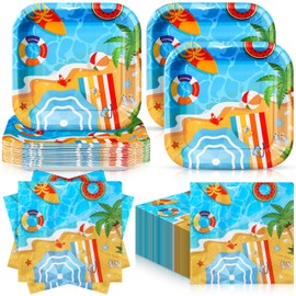 Zhehao 72 Pcs Beach Party Supplies Set Serve 36, 7" Square Paper Dessert Plates and Pool Napkins Summer Disposable Dinnerware Decoration for Tropical Hawaiian Birthday Holiday