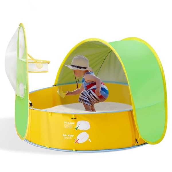 FBSPORT Baby Beach Tent, 50+ UPF Pop Up Pool Tent Sun Shelter, Kids Ball Pit Tent Baby Padding Pool, with Sunshade Canopy Basketball Hoop, Portable Beach Backyard Play Tent Toys for Indoor Outdoor