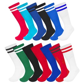 3 Pack Unisex Knee High Striped Sports Football/Rugby/Soccer/Hockey Tube Socks for Men, Women, Boys & Girls (UK 6-11 (EU 39-45) MENS SIZE, White with Black Stripes)