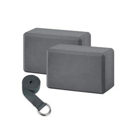 Juego de bloques de yoga y correa de yoga, bloques de yoga de alta densidad, 9 x 6 x 3 pulgadas, juego de bloques de yoga con correa para ejercicio, entrenamiento de pilates, estiramiento, meditación, estabilidad (gris)