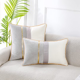 PANOD Patchwork Light Grey Silk-Like Velvet Throw Pillow Cover with Gold Striped Leather Cushion Case Modern Luxury Lumbar Pillowcase for Sofa Couch Bedroom Living Room Home,12x20 inch