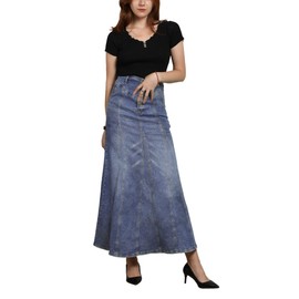 CHARTOU Women's Retro Exposure Button-Fly Packaged Hip A-Line Maxi Long Denim Skirt (Medium, Light Blue)