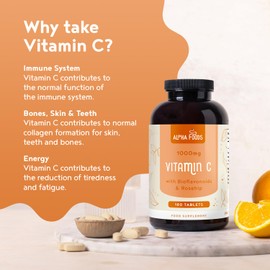 Vitamin C 1000mg | 180 Vegan VIT C Tablets [6 Month Supply] | High Strength Ascorbic Acid | with Added Bioflavonoids & Rosehip | for Normal Immune System | Alpha Foods