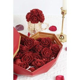 INSUNSIX 60pcs Red Mini Glitter Foam Rose, Artificial Rose Flowers Bulk with Stem,4.cm Shiny Foam Roses for Flower Wall Decor,DIY Crafts, Wedding Bouquets Floral Arrangements,Party Home Decor(Red)