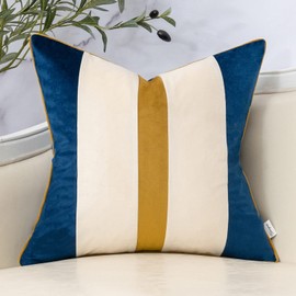 Yangest Navy Blue Patchwork Throw Pillow Cover Striped Velvet Cushion Case Modern Pillowcase for Sofa Couch Bedroom Living Room Home Decor,20x20 Inch