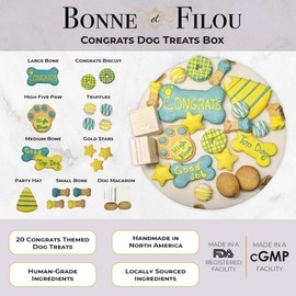 Bonne et Filou Congratulation Human Grade Gourmet Dog Treats Gift Box 20 Luxury Dog Treats with Dog Macarons, Truffles & Bone Cookies Healthy Dog Treats for Small to Large Dogs