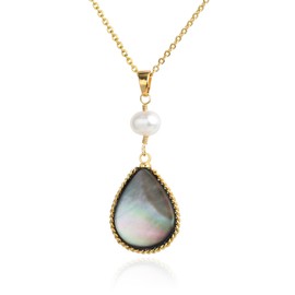 Handmade Wire Craft Pearl Teardrop Black Lip Shell Pendant Necklace for Women, 18K Gold Plated