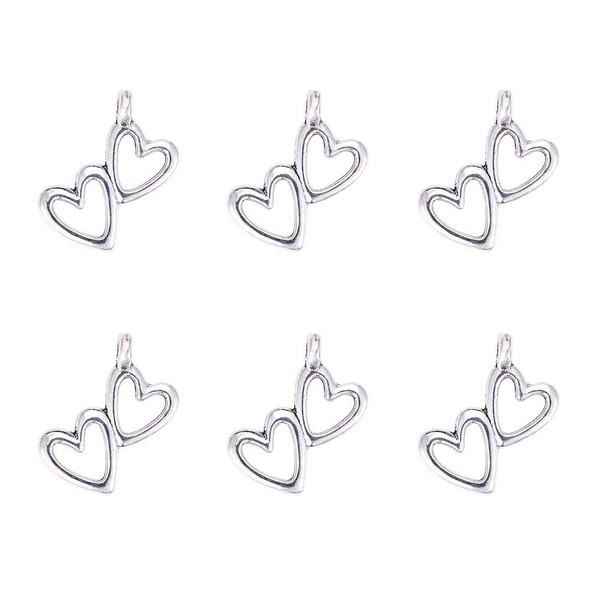 PH PandaHall 100pcs Double Heart Charms Pendants Tibetan Alloy Heart-to-Heart