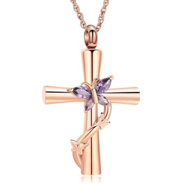 AIWENXI Butterfly Cross Urn Necklace for Ashes Birthstone Cremation Jewelry for Men Women Ashes Pendant Keepsake Memorial Ash Jewelry
