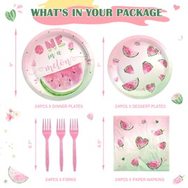 Hombae One in a Melon Party Supplies Juego de vajilla para decoración de primer cumpleaños para niña, decoración de fiesta de sandía, decoración de primer cumpleaños de sandía, platos temáticos de