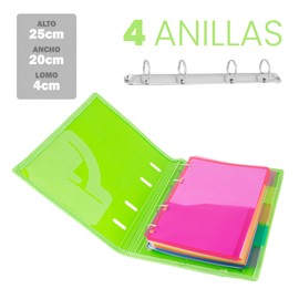 A5 STARPLAST 4 Ring Binders - 6 Colours, A5 Size, with Elastic Closure, Reinforced Edge, 150 Sheets 5 x 5 mm Colours + 5 Dividers - Green