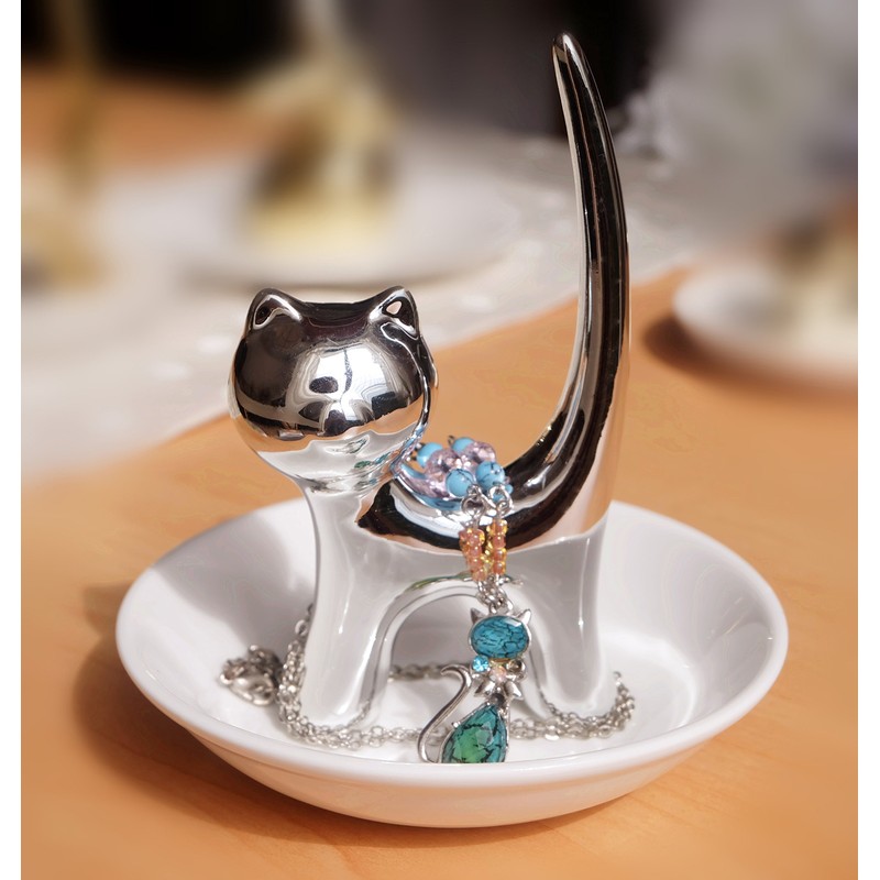 PUDDING CABIN Ring Holder Dish, Sliver Cat, Jewelry Storage for
