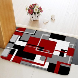 Red Geometric Bath Mat Black White and Gray Abstract Minimalist Line Geometry Mid Century Bathroom Rugs Shower Mat Bedroom Kitchen Carpet 17.8x29.5 in