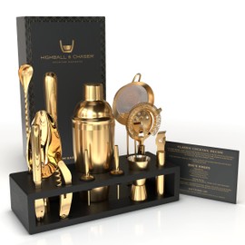Highball & Chaser Bartender Kit with Espresso Bamboo Stand. Beautiful Cobbler Cocktail Shaker Set with Bar Tools Rustproof Stainless Steel Bar Set (Matte Gold)