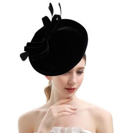 Bubbmi Women Black Velvet Fascinator Hat, Celebrity Lady Velour Feather Top Bow Church Hat for Banquet Wedding Cocktail Tea Party (9337black)