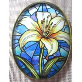 XL GLASS DOME "STAINED GLASS " FLOWER SERIES BUTTON - WHITE LILY   1-1/2 IN