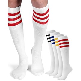 Shihanee 4 Pairs Striped Tube Socks for Men School Cotton Athletic Triple Stripe Knee High Sock Size 10-13(Classic Color)
