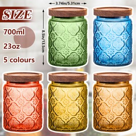 Outus 5 Pcs Vintage Glass Jar with Lids Colored Glass Canisters Jars with Airtight Lids for Kitchen Counter Storage Flour Sugar Cookie Coffee Tea Countertop Containers with Wooden Lids, 23.7 oz