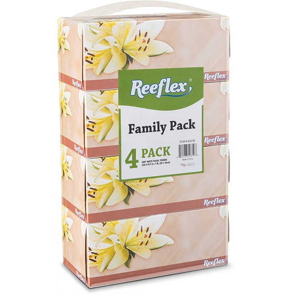 Reeflex Facial Tissues 230 Per Box 8" X 7" Size, Soft, Smooth, 2 Ply, Great For Home, Office, Store, School, Bathroom, Or In Your Car Family Pack (4 Facial Tissue Boxes)