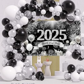 MEHOFOND 114pcs Black and Silver New Years Decorations 2025 Happy New Year Balloons Garland Arch Kit with New Year Banner for Happy New Year Party Decor NYE Party Supplies