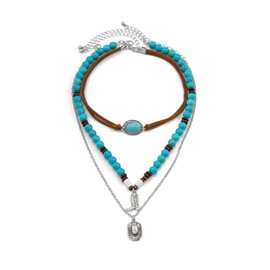 Boho Necklaces for Women Western Necklace Layer Western Cowgirl Hat Boots Necklace Cowboy Hat Imitation Turquoise Multi Layered Necklaces Country Concert Outfits Accessories (Style1, One size)