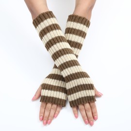Y2k Striped Arm Warmers Long Fingerless Knitted Gloves Punk Gothic Alt Emo Scene Cool Winter Arm Sleeves Grunge Accessories (Khaki,One Size)