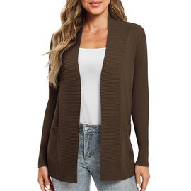 EXCHIC Women's Long Sleeve Knitted Cardigan, Lightweight Cosy Open Front, Long Casual Jacket with Pockets, brown