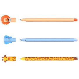 QRKPVHD Set of 3 Gel Eraser Pens - Elephant, Giraffe, Lion of Ink, Blue, Black, Orange Temperature Sensitive, Tip Diameter 0.7mm (3-A)