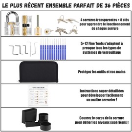 Diyife 36-Piece Lock Picking Set, Difficulty Upgrade, Lock Pick Set with 4 Transparent Locks and 4 Black Locking Sleeves, Manual for Beginners and Professional Locksmiths - Black