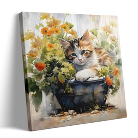 Floral Canvas Wall Art, Adorable Cat in the Flower Pot Pictures Print Framed Art, Vintage Rabbit Springtime Animals Oil Painting Wall Artwork for Living Room Farmhouse Dorm 16x16inch