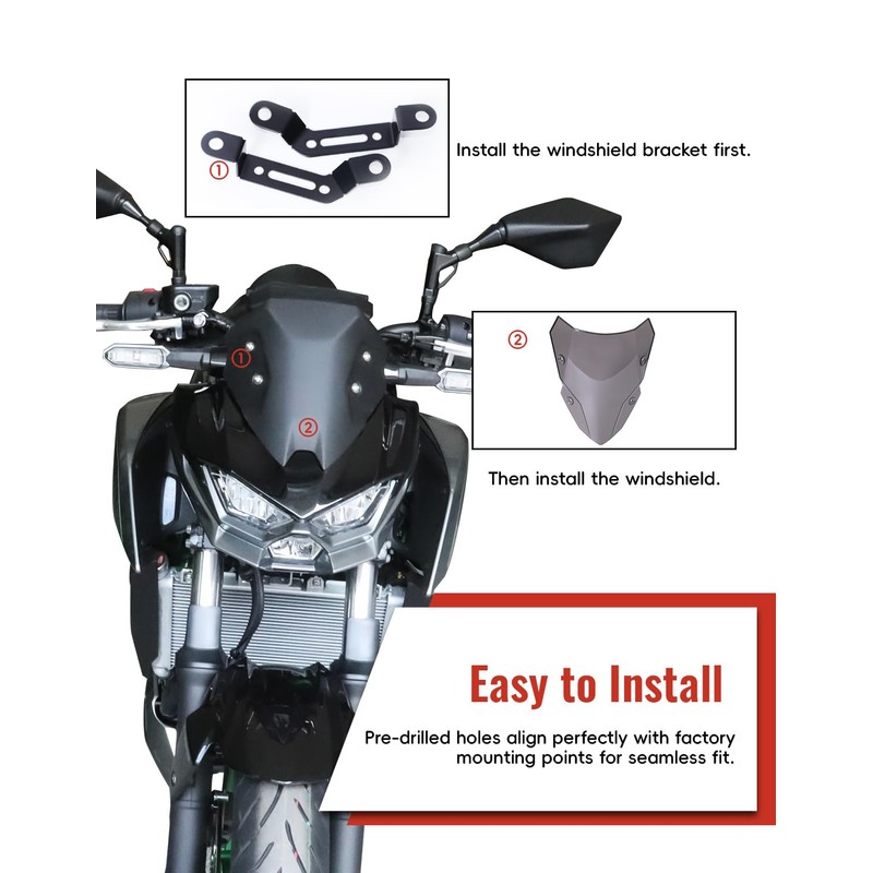 LUXEMOTO Windshield for kawasaki Z500 2024 2025, Dark Tinted Front
