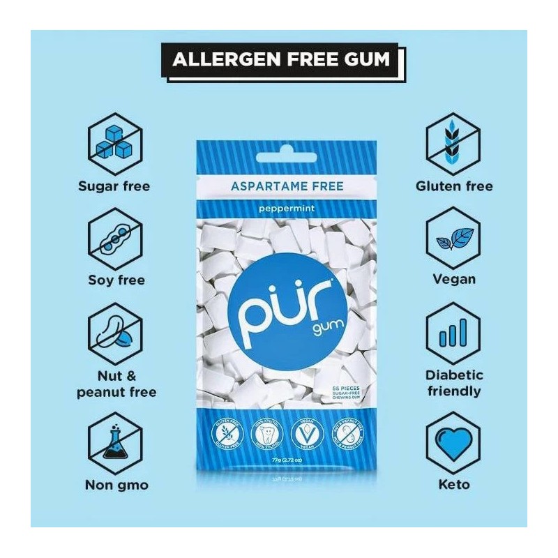 PUR Xylitol Chewing Gum PEPPERMINT (55 Pieces, 12 Pack)Sugarless Vegan