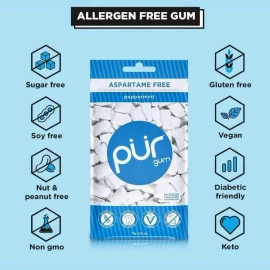 PUR Xylitol Chewing Gum PEPPERMINT (55 Pieces, 12 Pack)Sugarless Vegan Dry-Mouth