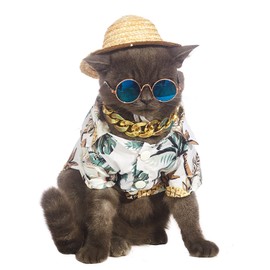Impoosy Hawaiian Dog T Shirts Pet Summer Clothes Cat Sunglasses Funny Straw Hat Kitten Costumes with Gold Chain Collar (Medium,White)