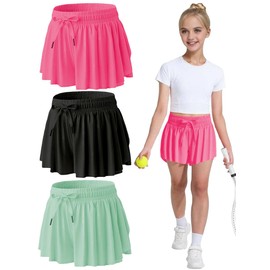 MODERN ASIR 3 Pack Girls Flowy Shorts with Spandex Liner 2-in-1 Youth Butterfly Skirts for Fitness, Running, Sports(Green 5-6years)