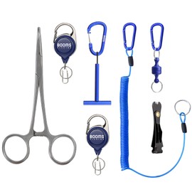 Booms Fishing FF3 7 PCS Fly Fishing Tools Kit, Fishing Knot Tool and Line Clipper Retractor, Magnetic Net Release with Lanyard, Fly Fishing Tippet Spool Holder, Hook Remover Forceps, Blue Set