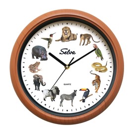 SELVA Animal Clock, Wall Clock, with Animal Sounds at Every Hour and Colourful Illustrations, Plastic Case, Wood Look, Colour: Zoo
