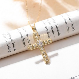 ZENLUNANO Gold Cross Necklace for Women 18K Gold Plated Choker Necklace with White Cubic Zirconia Lava Style 16 Inch+2 Inch Adjustable Chain