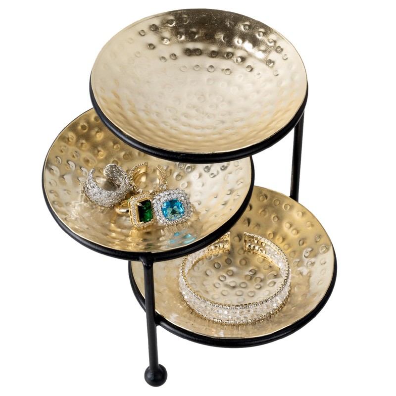 MyGift 3 Tier Jewelry Dish Organizer - Hammered Brass Plated
