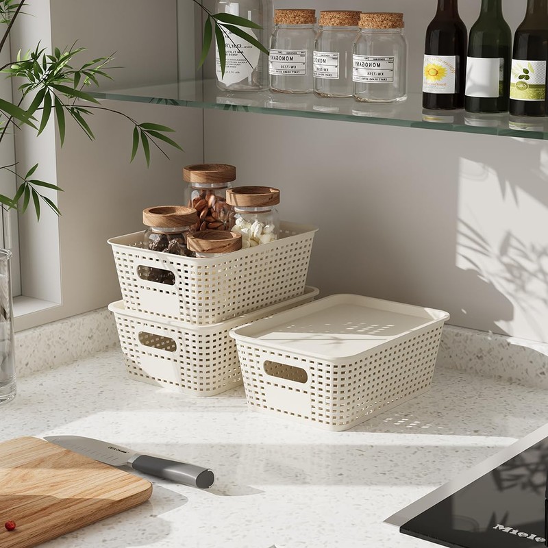 Resze 6 Pack Plastic Storage Baskets with Lids, Breathable Stackable