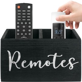 HAUYEST TV Remote Holder, Remote Control Holder with 2 Compartments, TV Controller Hholder for Table,Bedside Caddy Wooden Storage Caddy for Nightstand,Media Storage Box for Living Room, Bed (Black)