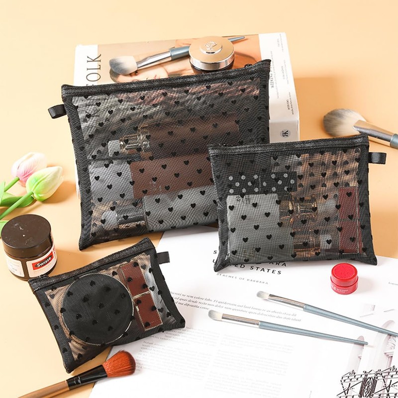 Clapoyis Portable Mesh Cosmetic Pouch, Set of 3 Sizes, Black